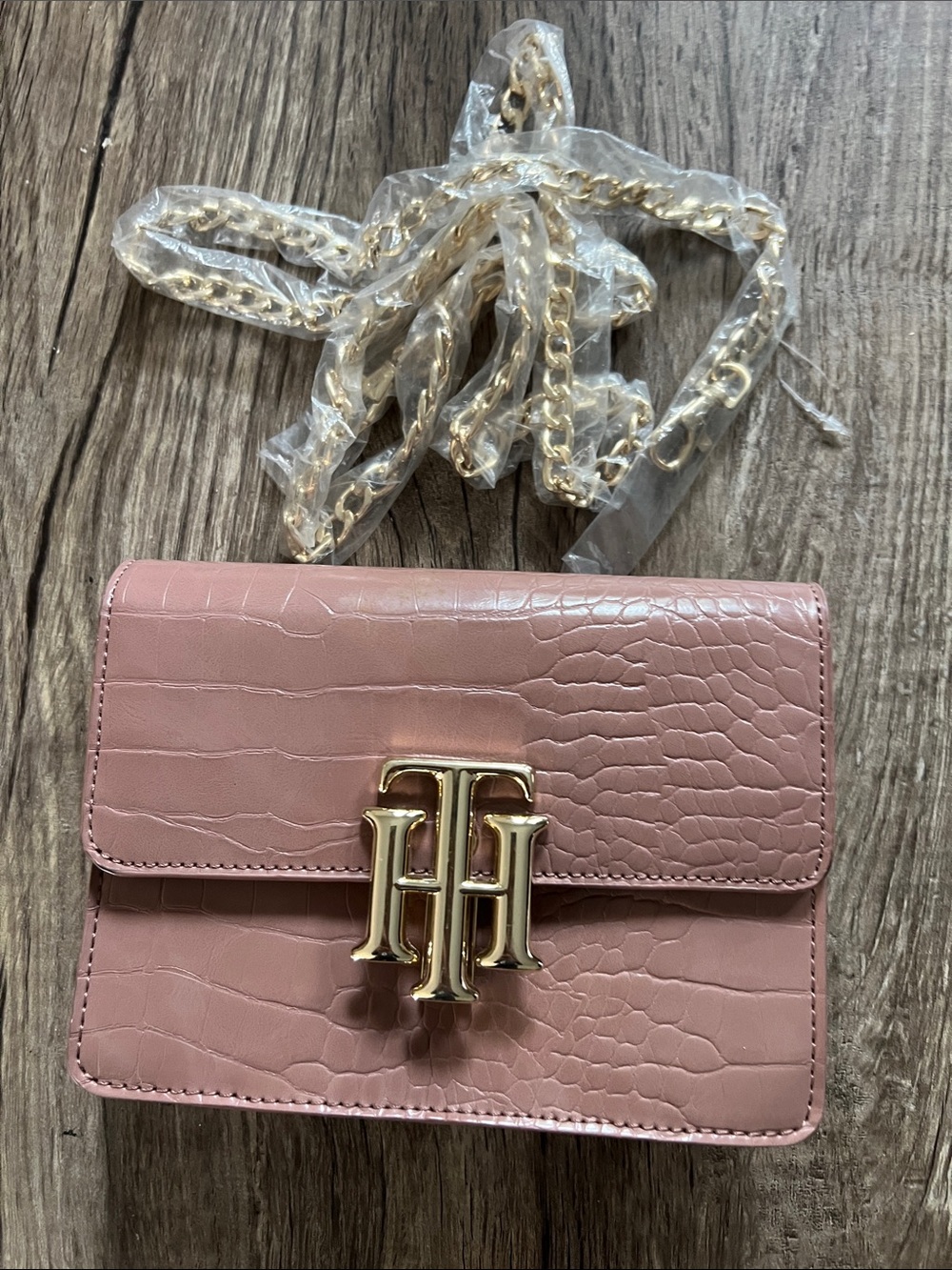 Tommy Hilfiger Blush Pink Croc-Embossed Chain Crossbody Bag